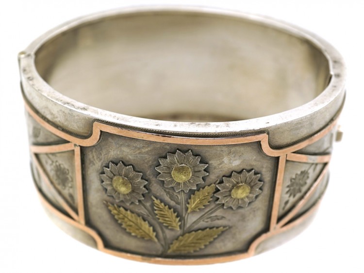 Victorian Silver & Gold Overlay Bangle with Sunflower Decoration