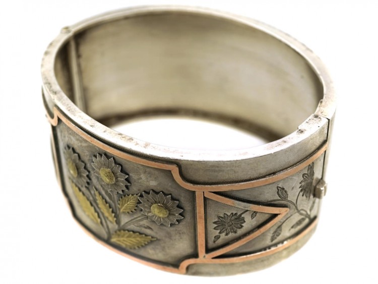 Victorian Silver & Gold Overlay Bangle with Sunflower Decoration