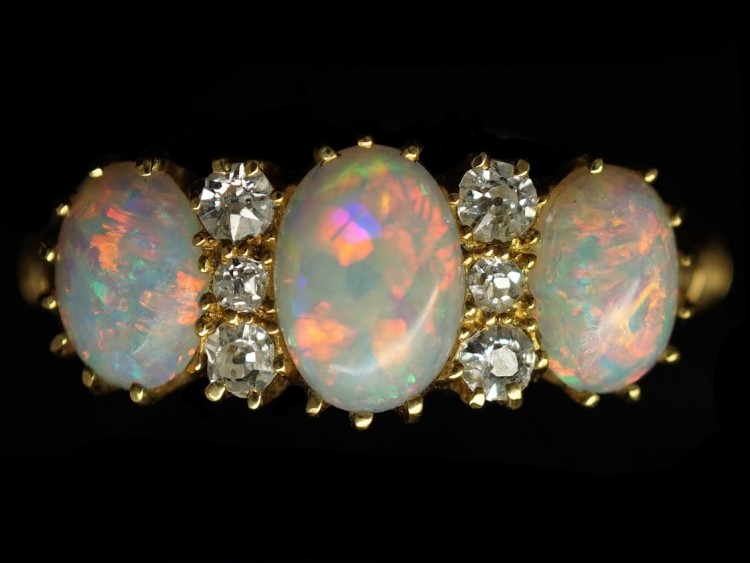 Victorian Three Stone Opal & Diamond Ring