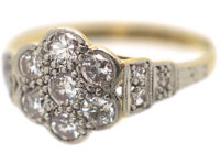Edwardian 18ct Gold & Platinum, Diamond Cluster Ring with Diamond Set Shoulders