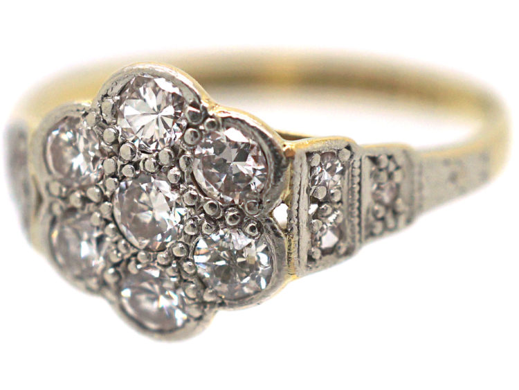 Edwardian 18ct Gold & Platinum, Diamond Cluster Ring with Diamond Set Shoulders
