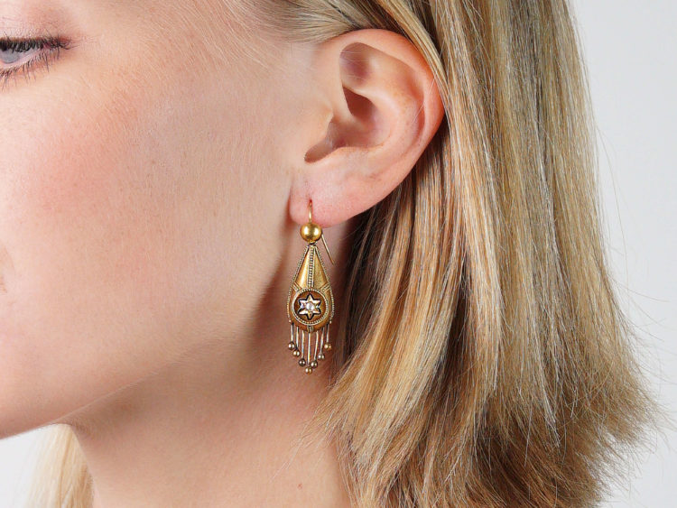 Victorian Etruscan Revival 15ct Gold Drop Star & Tassle Earrings