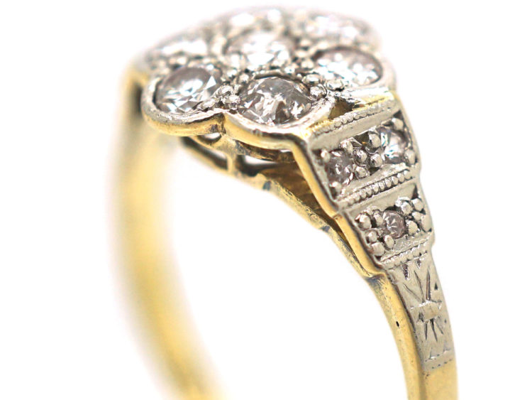 Edwardian 18ct Gold & Platinum, Diamond Cluster Ring with Diamond Set Shoulders