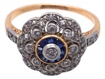 Edwardian 18ct Gold, Platinum, Diamond & Sapphire Cluster Ring