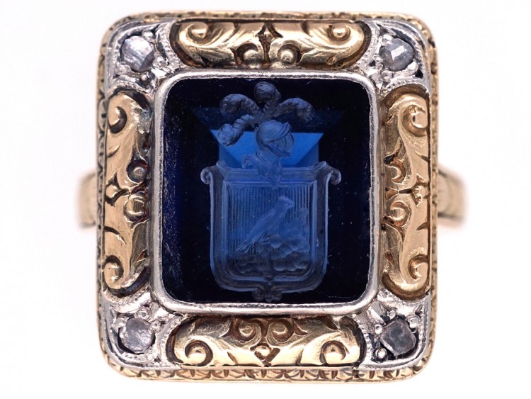 Art Deco 18ct Gold, Platinum, Rose Diamond & Synthetic Sapphire Crested Intaglio Ring