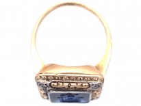 Art Deco 18ct Gold, Platinum, Rose Diamond & Synthetic Sapphire Crested Intaglio Ring
