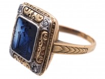 Art Deco 18ct Gold, Platinum, Rose Diamond & Synthetic Sapphire Crested Intaglio Ring