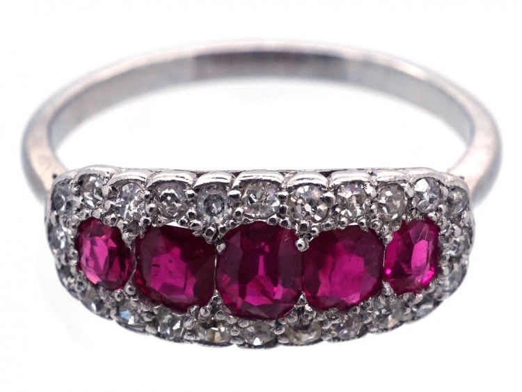 Edwardian 18ct White Gold & Platinum Five Stone Ruby & Diamond Ring