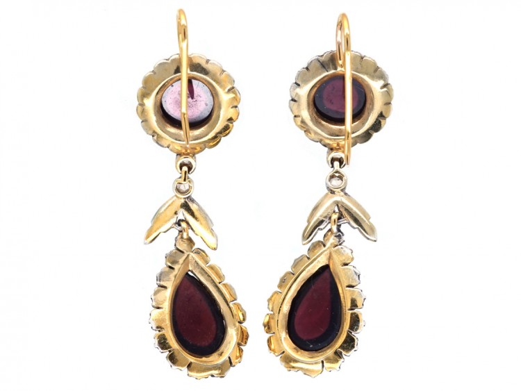 Cabochon Garnet & Rose Diamond Drop Earrings