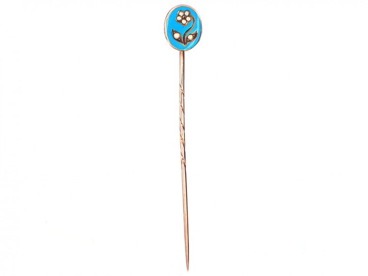 Georgian Forget Me Not 15ct Gold, Blue Enamel & Natural Split Pearls Tie Pin