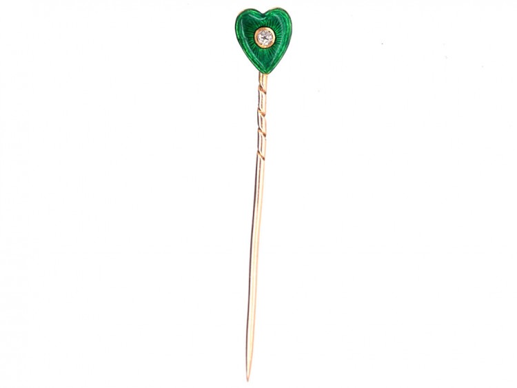 Edwardian 15ct Gold Heart Shaped Green Enamal & Diamond TiePin