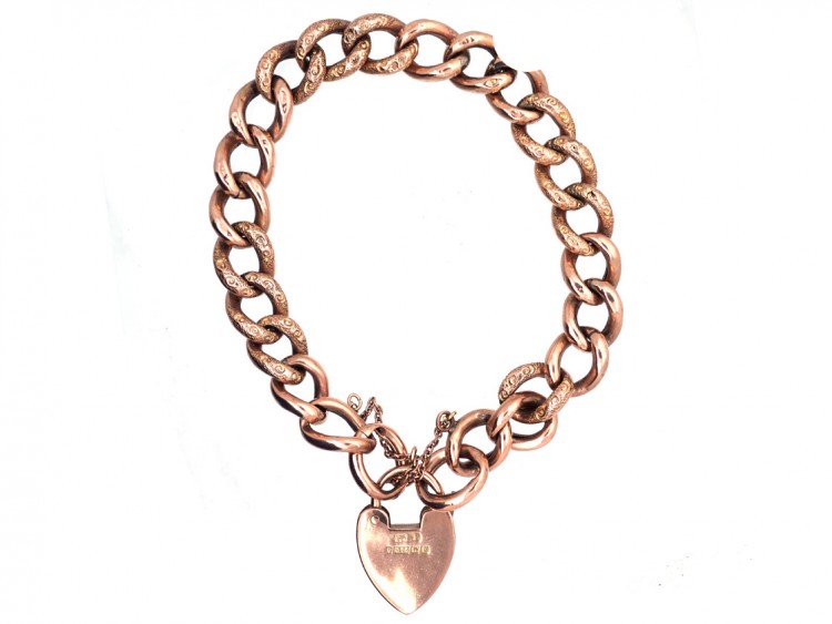 Edwardian 9ct Gold Decorated & Plain Link Curb Bracelet