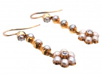 Edwardian 15ct Gold Diamond & Natural Split Pearl Drop Cluster Earrings