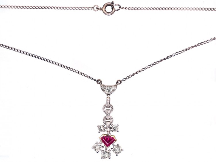 Art Deco Ruby & Diamond Pendant on Chain