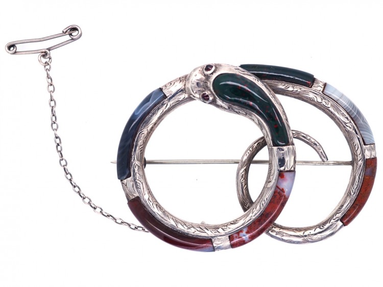 Victorian Scottish Silver & Agate Coiled Snake Brooch