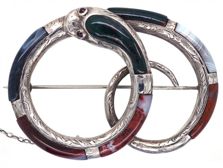 Victorian Scottish Silver & Agate Coiled Snake Brooch