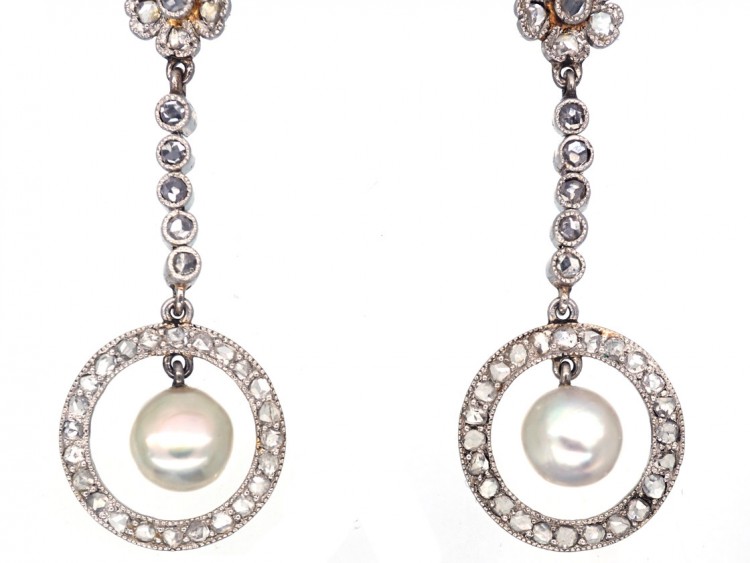 Edwardian Rose Diamond & Natural Pearl Drop Earrings