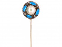 Victorian 15ct Gold, Turquoise Blue Enamel, Diamond & Natural Pearl Tie Pin