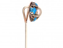 Victorian 15ct Gold, Turquoise Blue Enamel, Diamond & Natural Pearl Tie Pin
