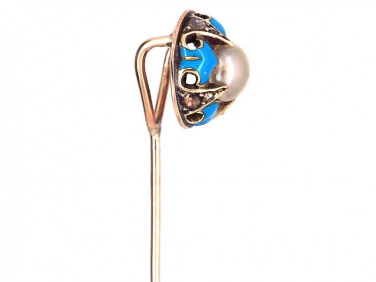 Victorian 15ct Gold, Turquoise Blue Enamel, Diamond & Natural Pearl Tie Pin