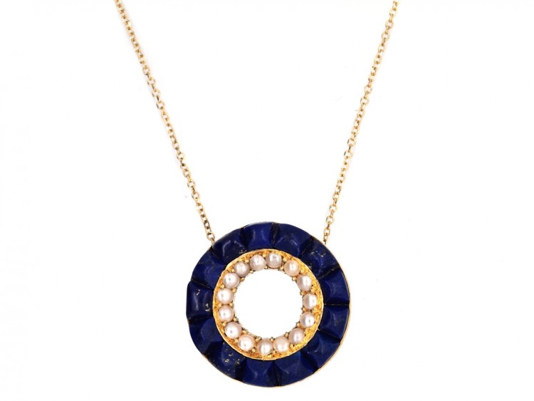 18ct Gold Lapis & Pearl Round Pendant on Chain