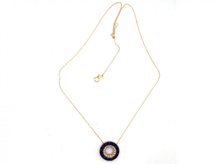 18ct Gold Lapis & Pearl Round Pendant on Chain