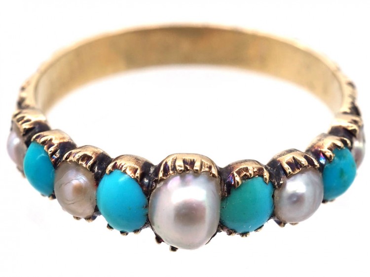 Georgian 15ct Gold, Turquoise & Natural Split Pearl Ring