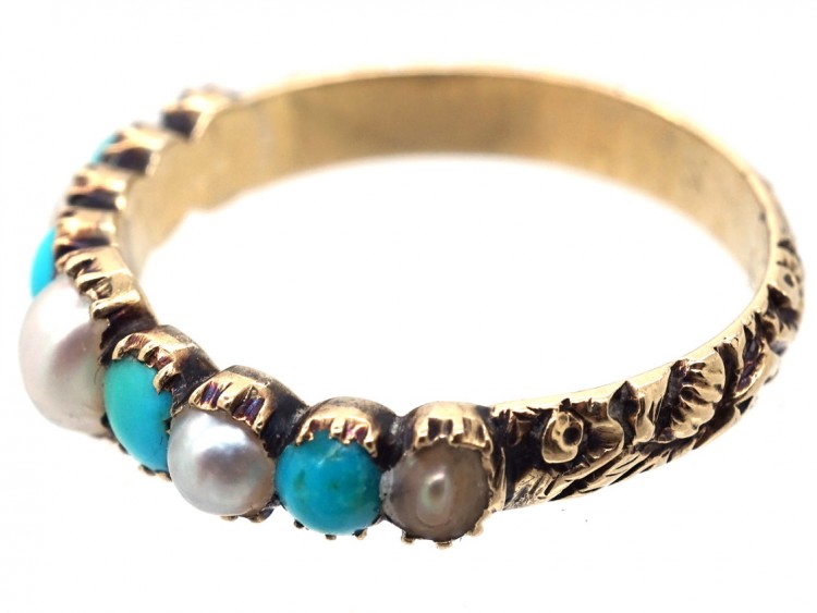 Georgian 15ct Gold, Turquoise & Natural Split Pearl Ring