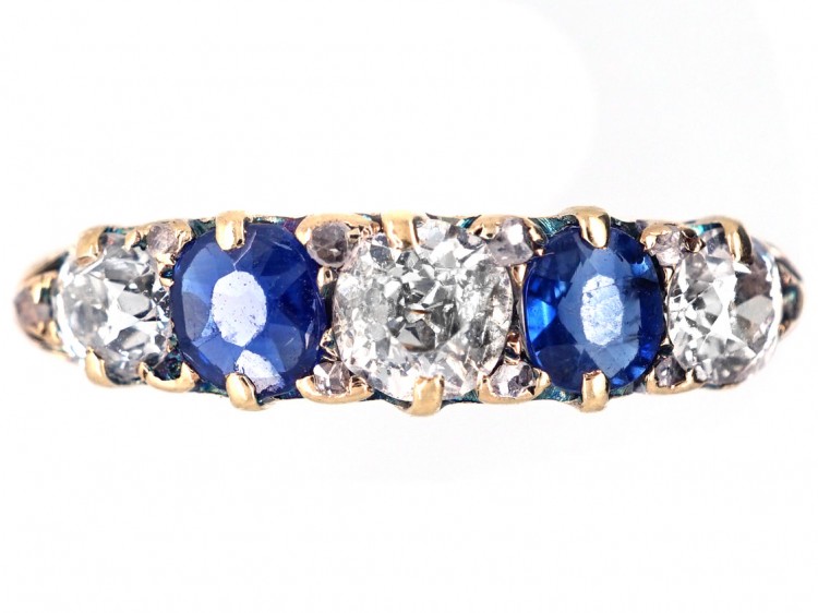 Victorian 18ct Gold, Sapphire & Diamond Five Stone Carved Half Hoop Ring