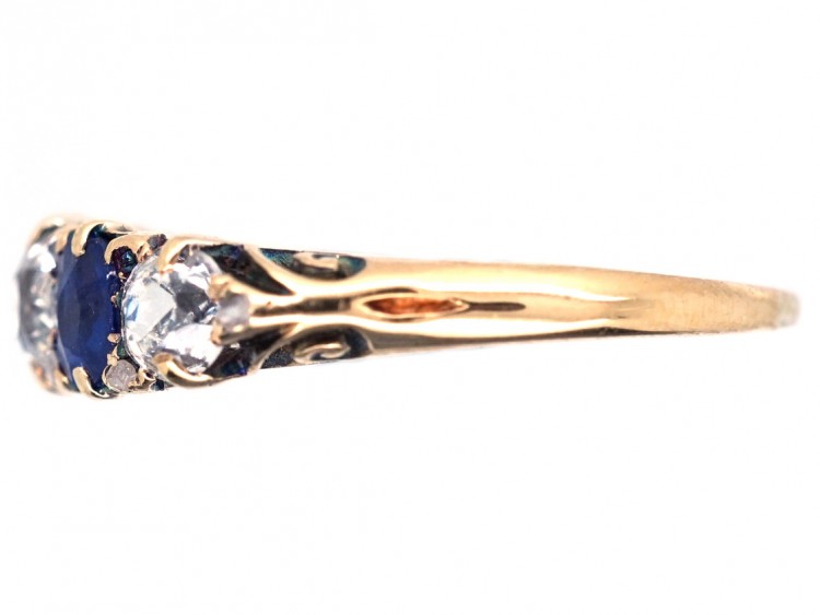Victorian 18ct Gold, Sapphire & Diamond Five Stone Carved Half Hoop Ring