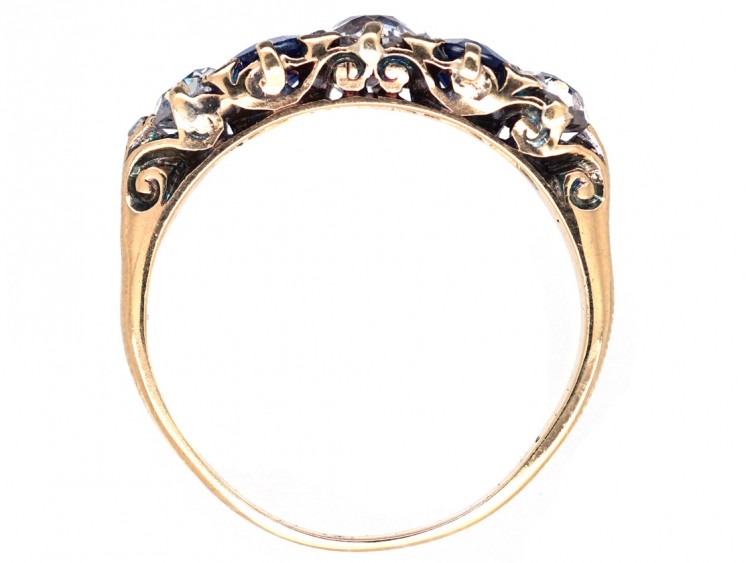 Victorian 18ct Gold, Sapphire & Diamond Five Stone Carved Half Hoop Ring