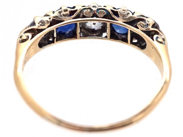 Victorian 18ct Gold, Sapphire & Diamond Five Stone Carved Half Hoop Ring