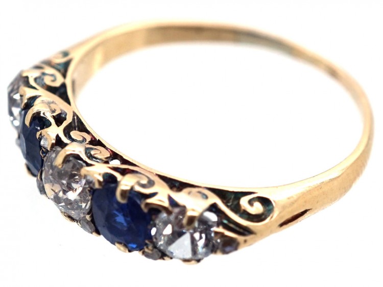 Victorian 18ct Gold, Sapphire & Diamond Five Stone Carved Half Hoop Ring