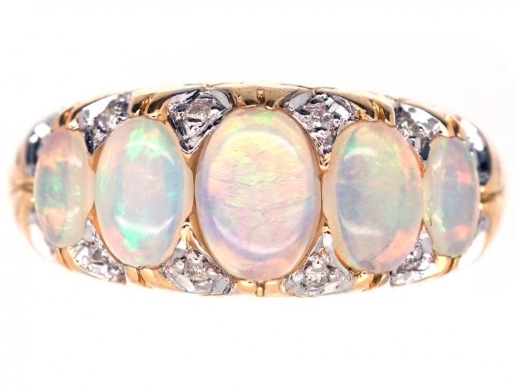 Victorian 18ct Gold, Five Stone Opal & Diamond Ring