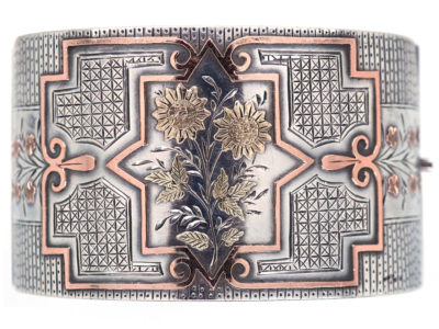 Victorian Wide Silver & Gold Overlay Bangle with Initial E on the back