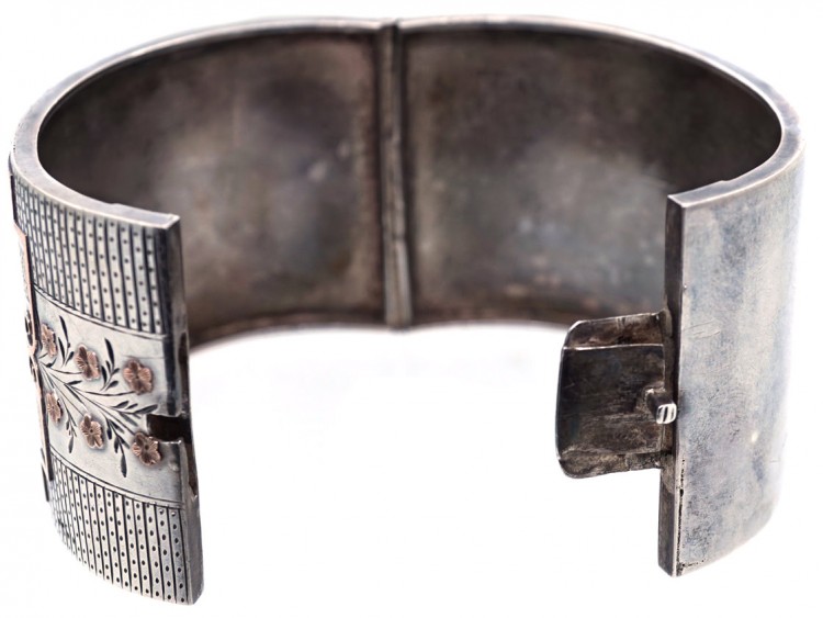 Victorian Wide Silver & Gold Overlay Bangle with Initial E on the back