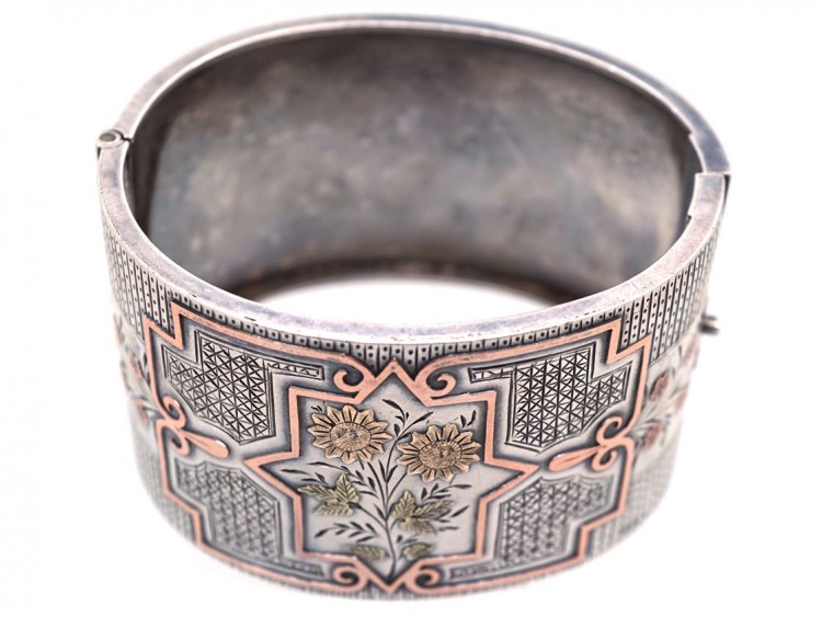 Victorian Wide Silver & Gold Overlay Bangle with Initial E on the back
