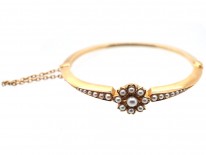 Victorian 15ct Gold & Natural Split Pearl Bangle in Original Case