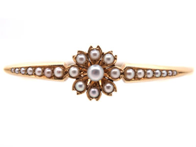 Victorian 15ct Gold & Natural Split Pearl Bangle in Original Case