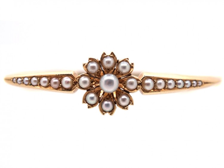 Victorian 15ct Gold & Natural Split Pearl Bangle in Original Case