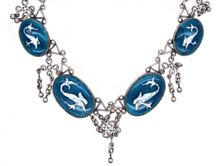 Arts & Crafts Silver & Enamel Necklace with Stylised Fish Design