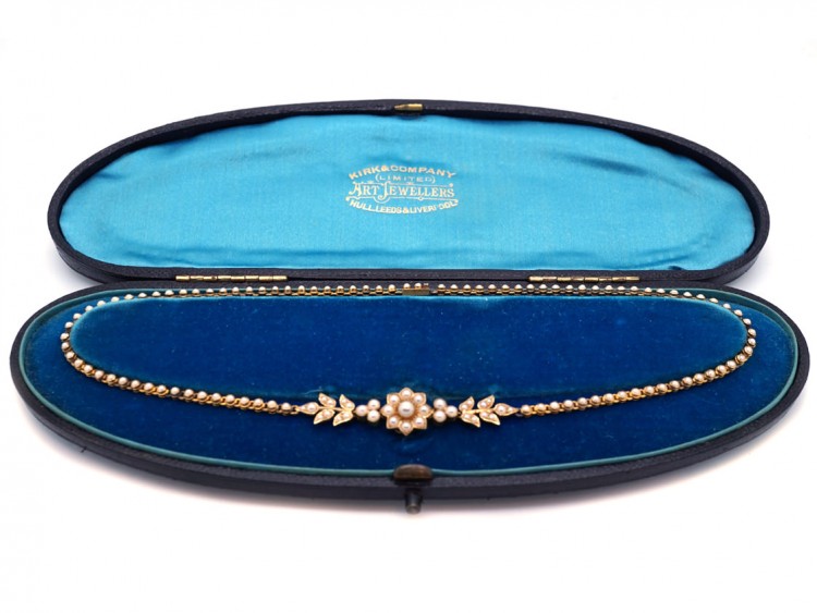 Victorian 18ct Gold & Natural Split Pearl Necklace in Original Case