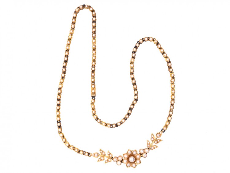 Victorian 18ct Gold & Natural Split Pearl Necklace in Original Case