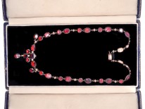 Edwardian Flat Cut Almandine Garnet, Pearl ​& Gold Necklace in Original Case