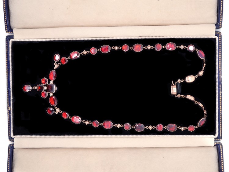 Edwardian Flat Cut Almandine Garnet, Pearl ​& Gold Necklace in Original Case