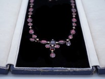 Edwardian Flat Cut Almandine Garnet, Pearl ​& Gold Necklace in Original Case