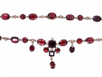 Edwardian Flat Cut Almandine Garnet, Pearl ​& Gold Necklace in Original Case