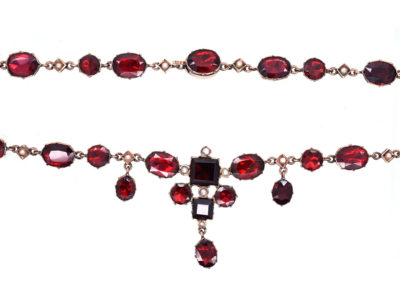 Edwardian Flat Cut Almandine Garnet, Pearl ​& Gold Necklace in Original Case