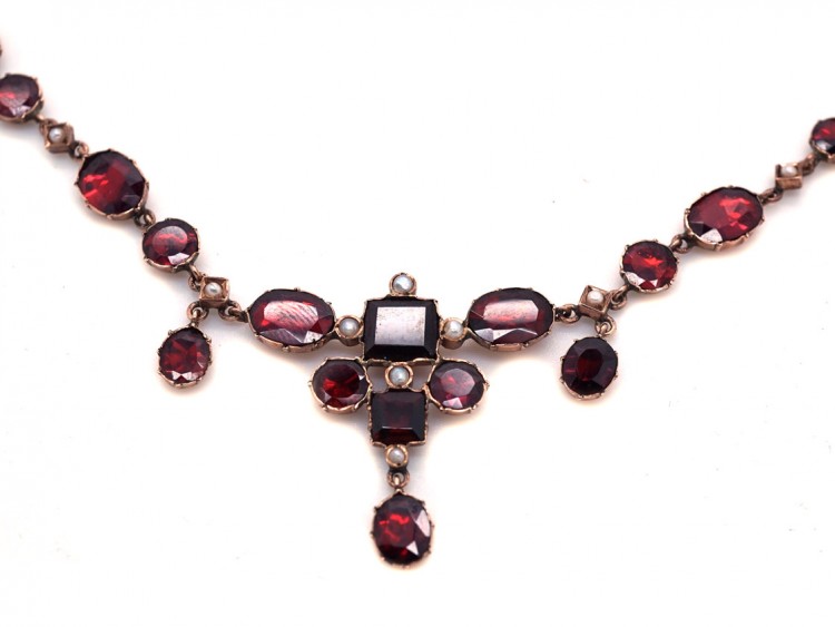 Edwardian Flat Cut Almandine Garnet, Pearl ​& Gold Necklace in Original Case