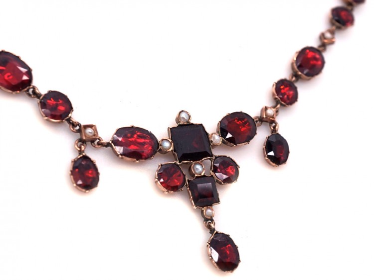 Edwardian Flat Cut Almandine Garnet, Pearl ​& Gold Necklace in Original Case